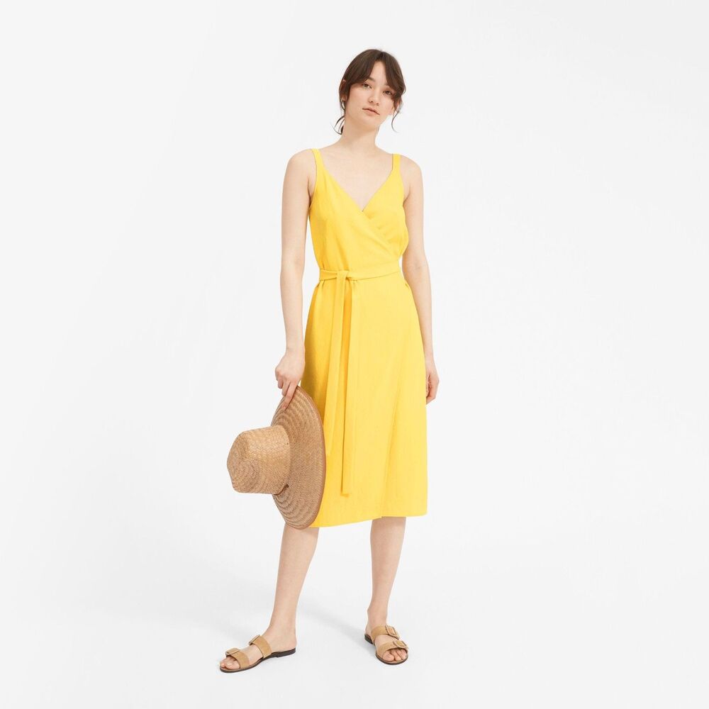 NEW Everlane Japanese GoWeave Wrap Tie Halter Midi Sleeveless Dress Yellow sz 2‎